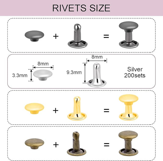 200Sets 8mm Round Double Caps Rivets, Leather Rivets Metal Tubular Studs for Bags Hats Shoes Clothing Leather DIY Craft Repair and Decoration (Silver)