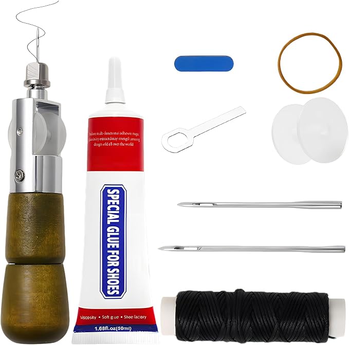 AACGIN 10pcs Sewing Awl Kit with Shoe Repair Adhesive, Professional Leathercraft Sewing Tool with Waxed Thread for Shoes, Leather Bags & Thick Fabric DIY