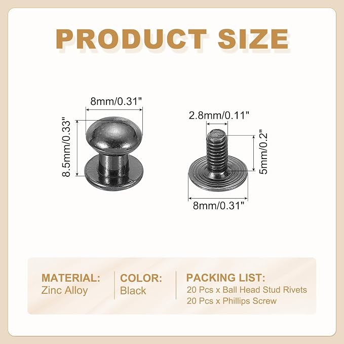 PATIKIL 8 mm Leather Rivets, 20 Sets Ball Head Stud Screw Back Round Head Button Chicago Screw Nipple Stud Rivet for Leather DIY Craft Handbag Belt Repairs, Black