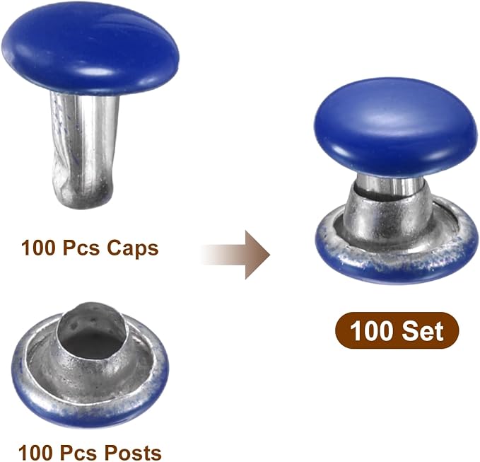 HARFINGTON 100 Sets Double Cap Leather Rivets, 6x6mm Round Cap Tubular Metal Studs Leather Crafting Rivets for Fabric Belt Pet Collar Boot Bag Repair and Decoration, Dark Blue