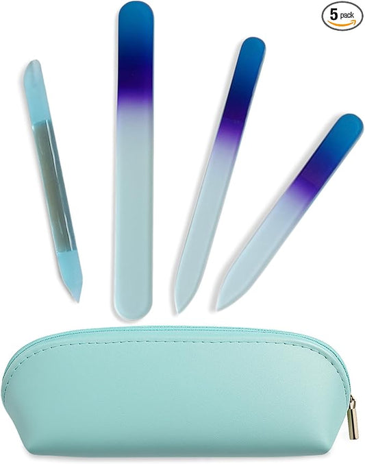 Alban Czech Glass Nail File Set with Manicure Stick & Vegan Leather Cosmetic Case (Royal Blue & Purple Nail Files, Light Blue Manicure Stick & Cosmetic Case)