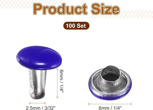 HARFINGTON 100 Sets Double Cap Leather Rivets, 6x6mm Round Cap Tubular Metal Studs Leather Crafting Rivets for Fabric Belt Pet Collar Boot Bag Repair and Decoration, Purple