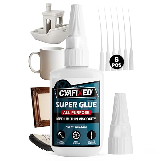 Fast Super Glue 60 Gram, Strong Instant Thin CA Glue with Precision Microtips & Anti-Clog Caps for Wood Ceramic Plastic Glass 3D Prints Model