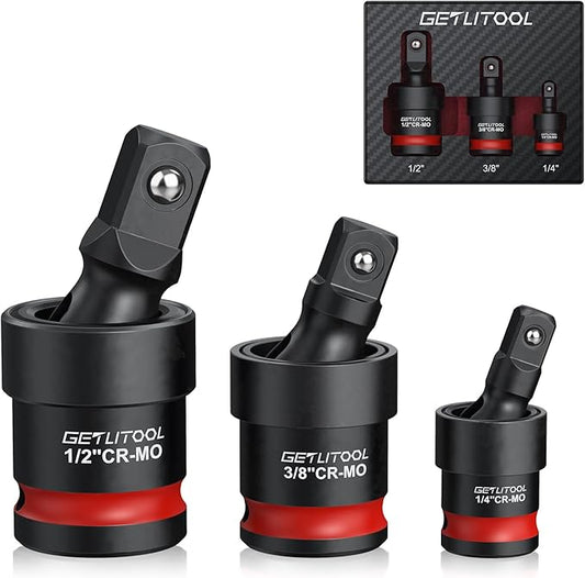 GETLITOOL 3Pcs Swivel Socket Set, Cr-Mo Steel Impact Swivel Socket Set with Corrosion-Resistant Finish, Full 360° Rotation for Impact Wrenches, 1/4", 3/8", 1/2" Drive, Tools for Men's Gift