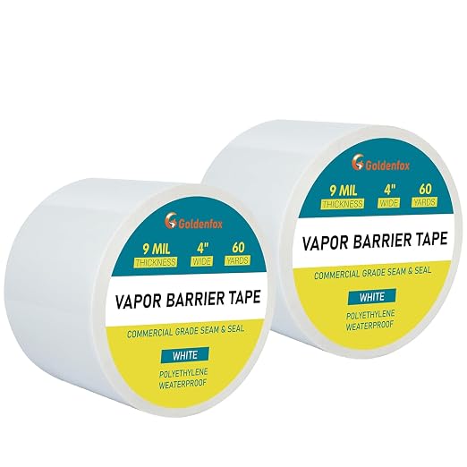 Golden Fox Vapor Barrier Tape, 2 Pack 4'' x 180' Roll, 9 Mil White Polyethylene Moisture and Vapor Barrier Seam Tape for Crawl Spaces, Marine Use, Insulation Tape, Underlayment & More, Waterproofing