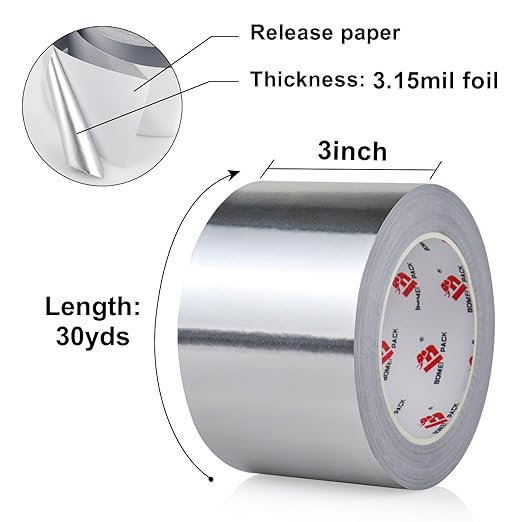 BOMEI PACK Aluminum Foil Tape,Heavy Duty Metal Foil Tape,High Temperature Silver Duct Tape,Perfect for Sealing & Patching,HVAC,Air Ducts,Insulation and Metal Repair (3 Inch)
