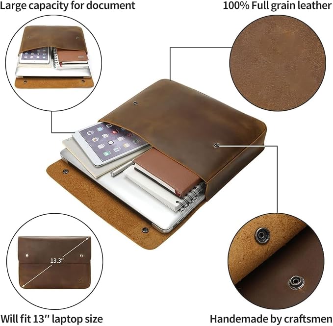 Leather File Folder Organizer Document Holder, File Case, A5 Binder, Envelope Portfolio, Spacious Leather Folio Laptop Sleeve Case for 13" 14" 15" Laptops, Macbook & Tablets
