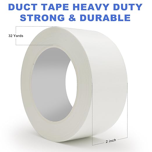 White Duct Tape Heavy Duty Waterproof, 2 Inches x 32 Yards, Strong, Durable, Easy-Tear by Hand, Residue-Free for Home Repairs, Fixed Carpet Edge, DIY Projects