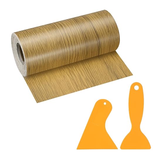 PATIKIL Wood Grain Repair Tape, 5" x 33' Self Adhesive Realistic Wood Tape with Scraper Durable Repair Patch for Furniture Floor Window Door Table DIY Home Decor, Yellow Teak