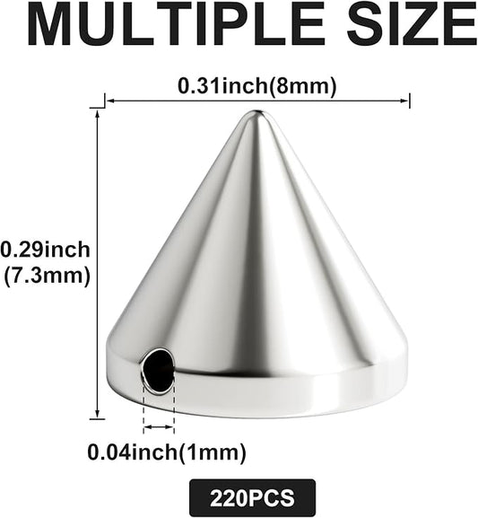 OIIKI 220 PCS 8mm Silver ABS Bullet Spike Cone Studs, Rivets Cone Spike Studs Beads, Flat Back Punk Spikes DIY Crafts Studs Glue on Decoration for Clothing Leather Clothes Belt Bag Shoes Jewelry Trims