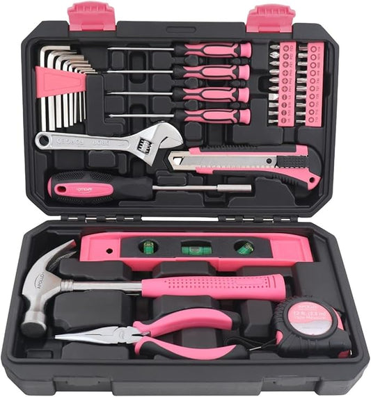 Apollo Tools 39 Piece General Household Tool Set in Toolbox Storage Case with Essential Hand Tools for Everyday Home Repairs, DIY and Crafts - Pink Ribbon - Pink - DT9711P