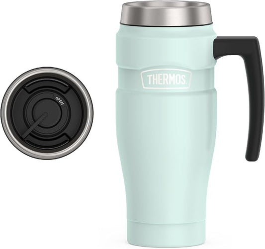 THERMOS Stainless King Vacuum-Insulated Travel Mug with Handle - 16oz, Matte Light Blue Tumbler for Hot & Cold Drinks - Leak & Sweat-Proof Stainless Steel Coffee Mug with Lid for Commuting