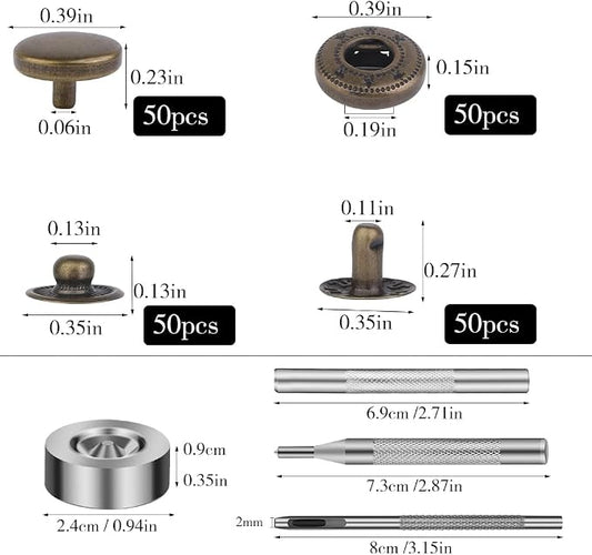TLKKUE 50 Sets Leather Snap Fasteners Kit 10mm Bronze Metal Snap Buttons kit Stainless Steel with 4pcs Snap Fastener Installation Tools for Sewing Clothing, Bracelets, Jackets, Bags Belt, DIY Crafts