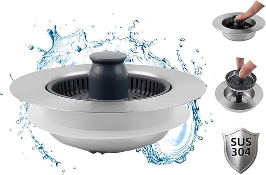 Hibbent Upgraded 3 in 1 Kitchen Sink Drain Strainer and Stopper Combo, Stainless Steel Metal Pop Up Sink Stopper, Anti-Clogging Basket Strainer with Handle for US Standard 3-1/2 Inch Drain