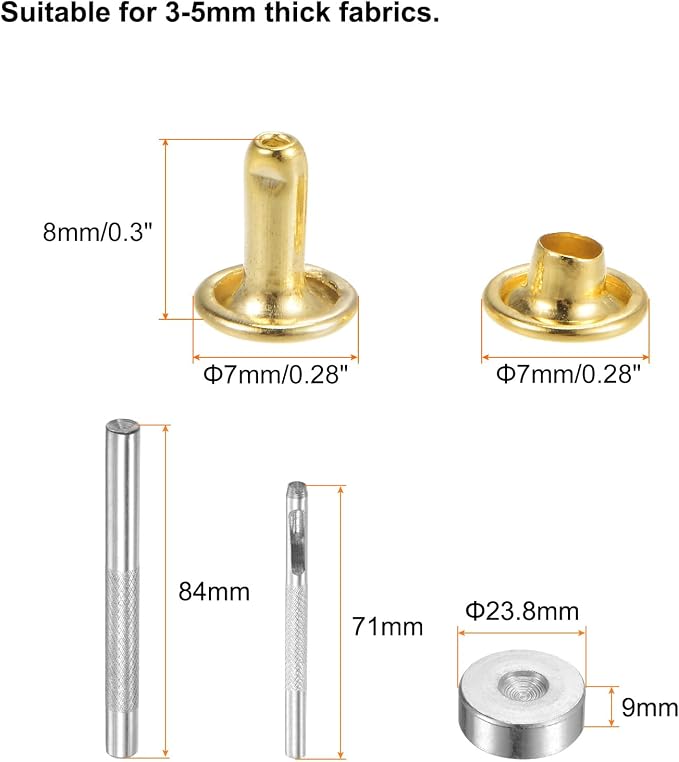 HARFINGTON 100 Sets Leather Rivets 8 x 7mm Metal Double Cap Rivet Snaps Studs Fasteners with 3pcs Setting Tools Rivets for Leather Craft DIY Repair Decoration, Gold Tone