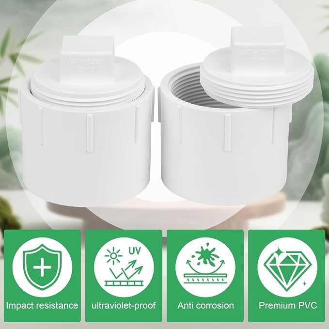 2Pack 3" PVC DWV Female Adapter with Plug Pipe Fitting SCH40 3" PVC DWV Flush Female Sewer Cleanout Cap Cover for pipe, Drainage Piping System, RV
