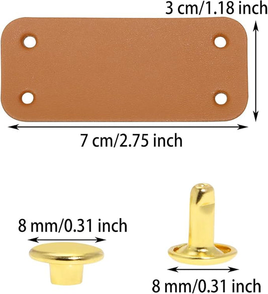 ONLYKXY Brown PU Leather Handmade Tag with Rivet Button for Knits,Rectangle Universal Blank Label Cute Repair Patch Soft Crochet Tape with Holes for DIY Clothing,Sewing Stamping,Keychain (50)