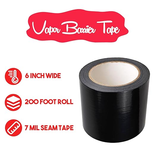 6" Polyethylene Tape, Black Seal Tape for Crawl Space, Repair, Metal Building Seams, Construction Sheathing Seal Film, Housewrap Seaming and Underlayment Seal, 200 Foot Roll