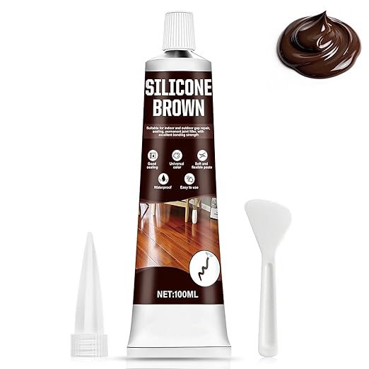 Brown Caulk, Brown Silicone Caulk, Browns Caulking with Nozzle and Scraper Strong Adhesion Flexibility Indoor Waterproof Widely Applicable for Doors Windows Kitchens Bathrooms, 3.33 oz