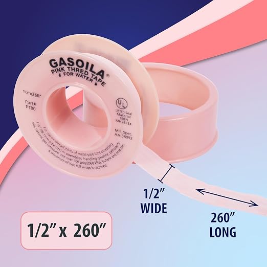 Gasoila Pink PTFE Thread Seal Tape – Professional-Grade, 1/2 Inch x 260 Inch, High-Density Thread Tape for Water Lines – Leak-Proof Seal, Non-Toxic (Pack of 24)