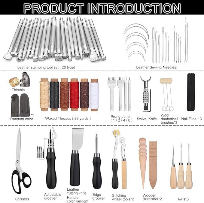 TLKKUE Leather Working Tools Leather Craft Tools for Carving Stamping Sewing Punching Cutting with Custom Storage Bag Professional Tooling Kit for Crafting, Repair & DIY Projects