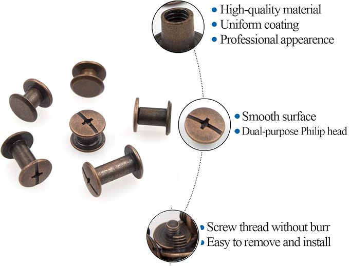 ALLOYGOLD 90 Sets Red Cooper Chicago Screws Leather Assorted Kit ，6 Sizes of Chicago Screw Rivets for DIY Leather Craft and Bookbinding (M5 X 4, 5, 6, 8, 10, 12)