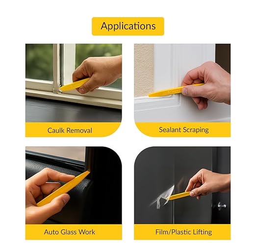 Tapered End Stick Tool, Plastic Construction, Yellow Finish, 7-7/8" Length, Non-Scratch Hand Tool for Caulk, Sealant, Vinyl Window Channels, Mixing, Glazing - Pack of 5
