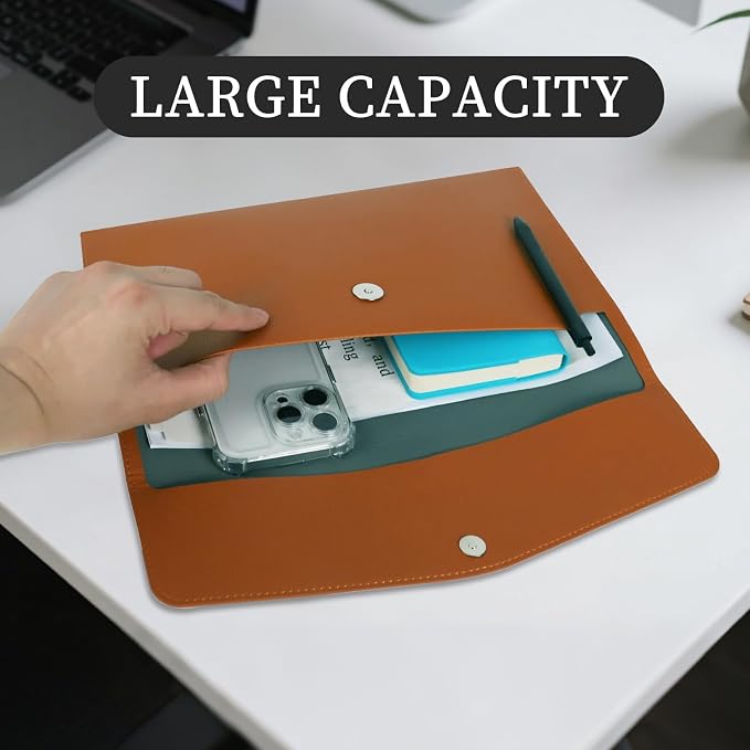 MultiBey PU Leather A4 Document Holder File Organizer with Snap Closure, Waterproof/Water‑Resistant A4 & Letter Size Envelope Folder 13 x 9.5 in - Holds up to 100 Sheets (Brown)