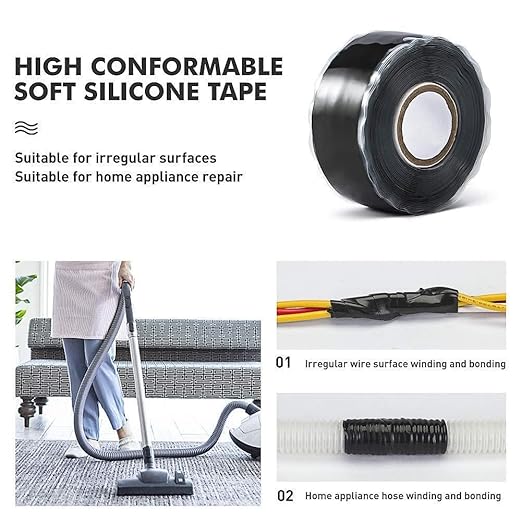 Black Silicone Repair Tape, Waterproof Pipe Sealing, Insulating Grip Tape for Cars, Pipes, Hoses, 1 Inch x 5 Feet
