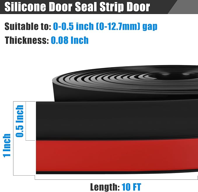 Draft Seal Tape for Doors and Windows 1 in x 10 Ft Silicone Weather Stripping Extra Thick 2mm Door Seal Strip with Strong Adhesive Draft Insulation Stopper Side Seal - Black
