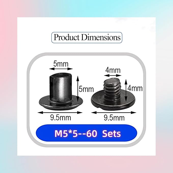 60 Sets M5*5mm Gun Black Leather Rivets Screws Rivets Chicago Binding Screws Adjust and Repair Leather Craft Belts, Bags, Shoes, Purse Bindings