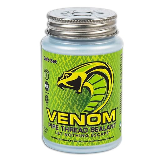 Venom Pro-Grade Pipe Thread Sealant, Soft-Set, High Viscosity, Low Odor, for All Piping Types, 4 fl. oz. Bottle with Brush Cap, Ideal for Gas, Water, Oil, Extreme Temps, 10,000 PSI Liquids