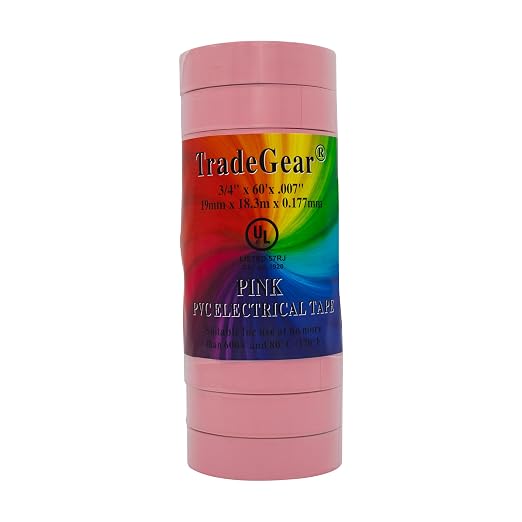 TradeGear Pink 10 Pack - UL Listed Colored Electrical Tape, 60 ft x 3/4 in, 600V, Flame Retardant, Waterproof, Rubber Adhesive - Phase Marking, Wire ID, Automotive