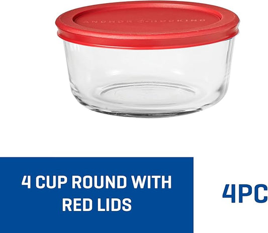 Anchor Hocking SnugFitTM Round Food Storage Containers with Lids (4-Piece, 4-cup, Red, oven-safe)