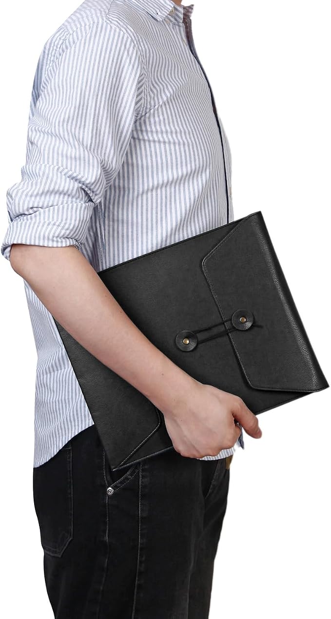 Leather File Folder for Documents,Important Document Folder with String Tie,Laptop Sleeve Notebook Case,Leather File Organizer,A4 Envelopes Filing Folder (Vertical, Black)