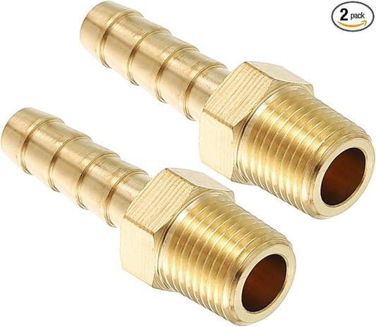 Pack of 2 Solid Brass Hose Barb Fittings 1/4" Hose Barb to 1/8" NPT Male Fittings for Home Machines, Massage Bathtubs, Air Compression and Irrigation Systems