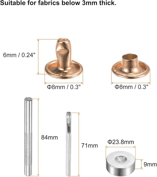 HARFINGTON 100 Sets Leather Rivets 6 x 8mm Metal Double Cap Rivet Snaps Studs Fasteners with 3pcs Setting Tools Rivets for Leather Craft DIY Repair Decoration, Light Gold Tone