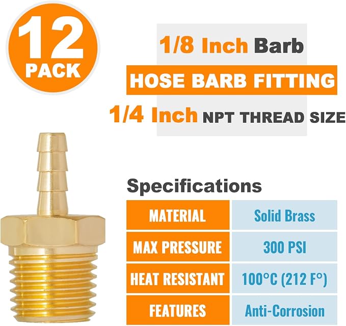 SUNGATOR 12-Pack 1/4" NPT to 1/8" Hose Barb Fittings, Brass Air Hose Fittings, 1/8" Barb to 1/4" NPT Male Thread Adapter, Brass Air Line Repair Connector Kit for Compressor, Gas, Auto Shop