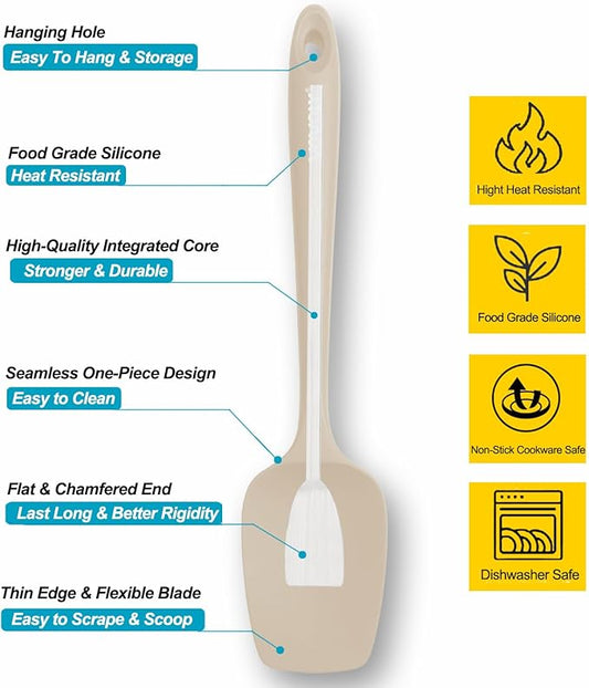 Silicone Spatula Set, High Heat Resistan Rubber Spoon Spatula, Non-Stick Spoonula with Seamless One Piece Design, Flexible Scrapers Baking Mixing Tool,3 Pack, Khaki