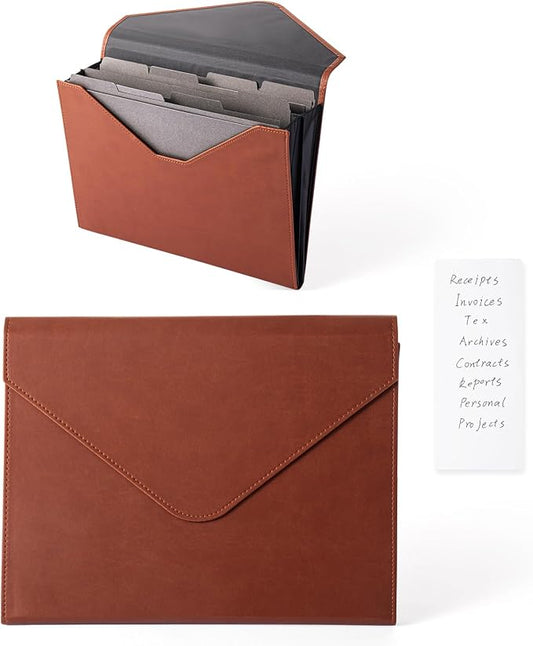 PU Leather Heavy-Duty Expanding File Folder, A5/US Letter Size Document Organizer with 8 Paper File Folder, 4-1/2 Inch Expansion, Grey – for Office, Auto Shop, School Paperwork.(Brown)