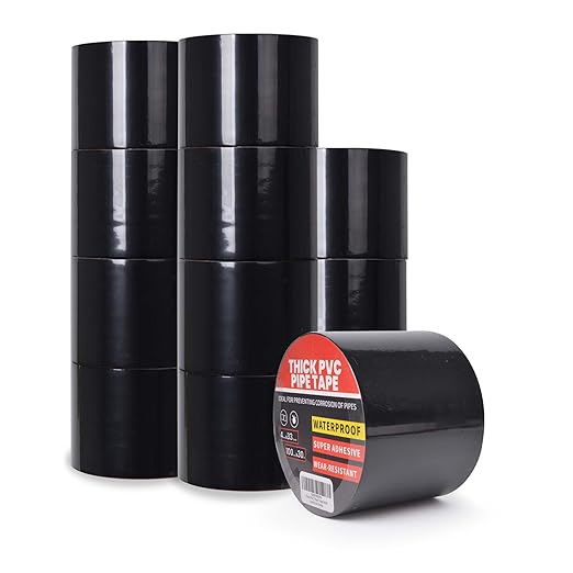 TAPEBEAR 12 Rolls Corrosion Protection Pipe Tape, 10mil Pipe Wrap Tape for Drain Pipe, Metal Electrical Outdoor Underground Pipe, Waterproof PVC Black Tape Thicker for Hose Leak Proof, 4Inch x 33Yard