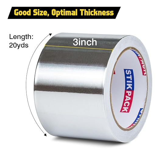 Aluminum Foil Tape 3 inch x 60ft (20 Yards) Heavy Duty HVAC Duct Tape for Ductwork – High Temperature Silver Foil Tape for Insulation, Metal Repair, Exhaust Sealing & Patching