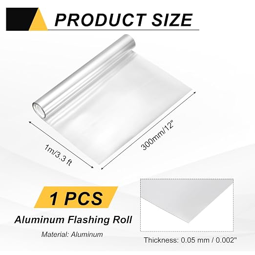 uxcell Aluminum Flashing Roll, 12in x 3.3ft Metal Roof Panels 0.05mm Waterproof Aluminum Sheet Roll for House Repair, Roof Flashing, Sealing Windows Doors, DIY Projects