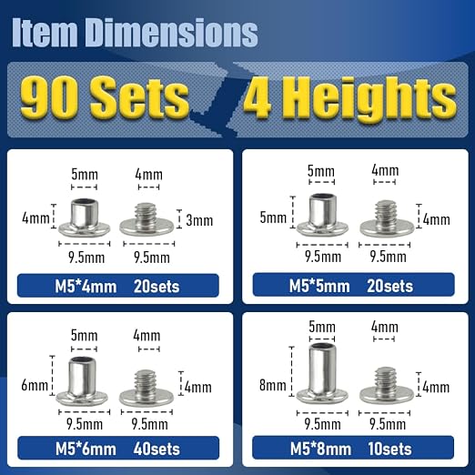 90 Sets Silvery Chicago Screws Leather Rivets Kit, 4 Sizes (M5*4,5,6,8) & 2 Screw Lengths (M4*3,4) for Belts, Bookbinding, DIY Leather (Silvery)