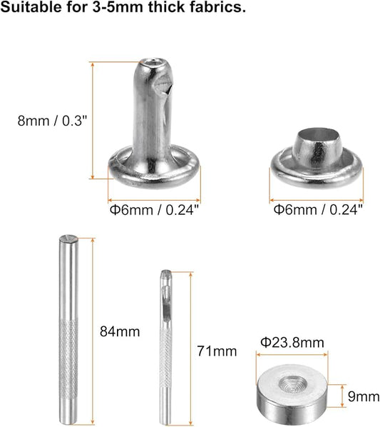 HARFINGTON 100 Sets Leather Rivets 8 x 6mm Metal Double Cap Rivet Snaps Studs Fasteners with 3pcs Setting Tools Rivets for Leather Craft DIY Repair Decoration, Silver Tone
