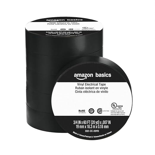 Amazon Basics Vinyl Electrical Adhesive Tape, Flame Retardant, Wire Insulation, Repairs, 3/4 in x 60 ft x 0.007in, Black, 6-Pack (