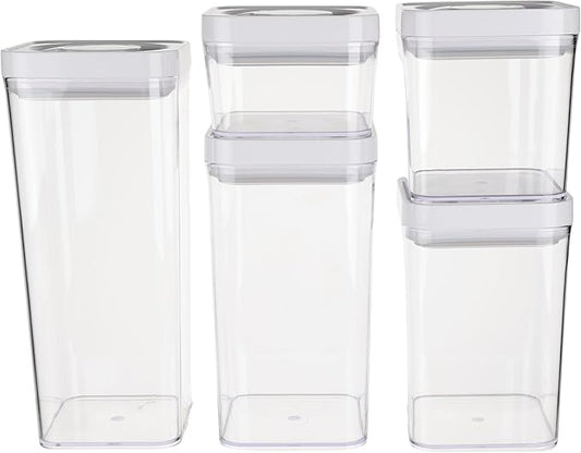 Amazon Basics Airtight Food Storage Containers, BPA Free, Dishwasher Safe, with Twist/Turn Lids, for Kitchen Pantry Organization, 10-Piece Square Set, Clear Plastic