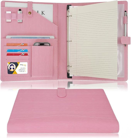 Wonderpool A4 PU Leather Portfolio Holder Ring File Document Case with Removable Binder Clipboard, Multi Pocket and Legal Pad for Business Organizer Interview and Meeting (Pink)