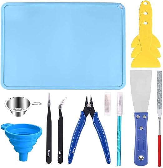 Resin 3D Printer Tool Kit Clean Accessories with Plier, File, Tweezer, Trimmer Pen, Resin Filter, Scraper, Plastic Remove Tool, Silicone Mat for SLA DLP LCD 3D Printer Accessories