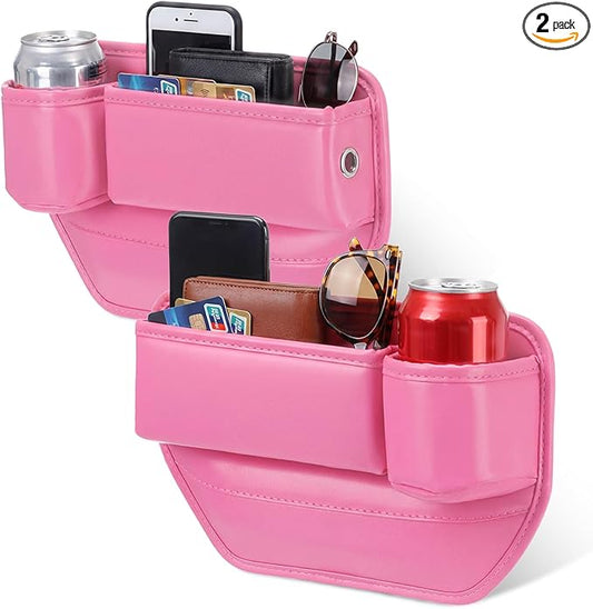 Aliceset 2 Pack Pink Car Seat Gap Filler Organizer with Cup Holder and Storage Leather Car Organizer for Keys Cards Phone Sunglasses and Small Items